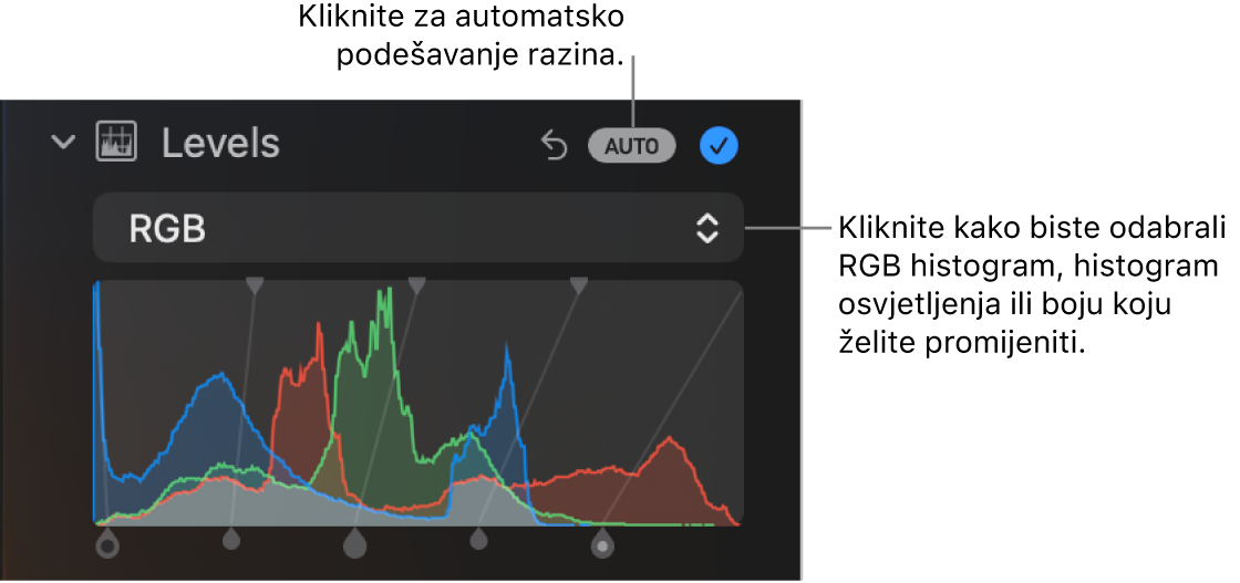 Kontrole Razine u prozoru Prilagodi s tipkom Auto u gornjem desnom dijelu te RGB histogram ispod.