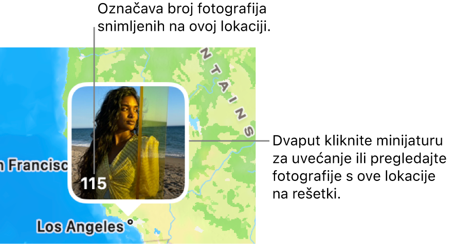 Minijatura fotografije na karti, s brojem u donjem lijevom kutu koji označava broj fotografija snimljenih na toj lokaciji.