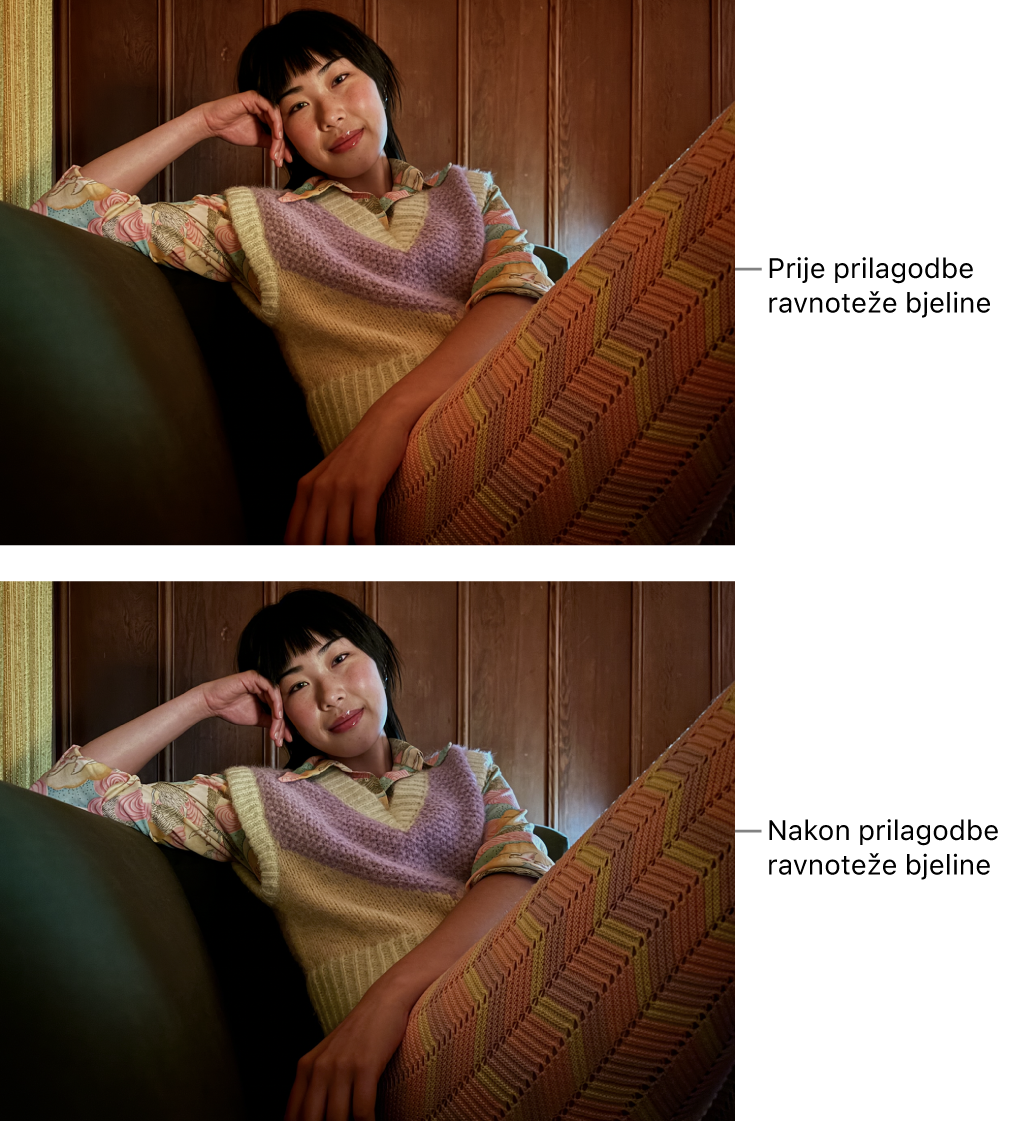 Fotografija prije i poslije podešavanja ravnoteže bjeline.