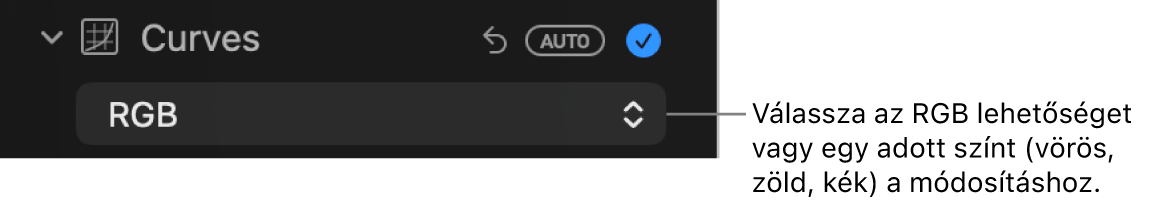 A görbék vezérlői a Beállítás panelen, a kiválasztott RGB elemmel a felugró menüben.