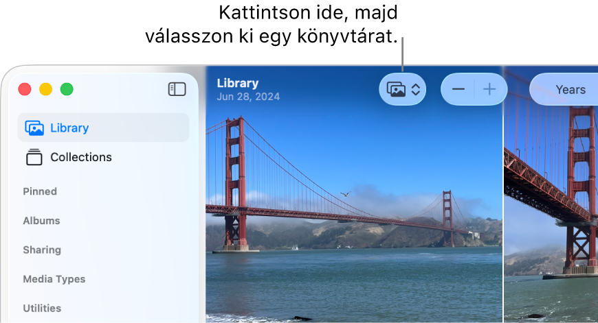 A Fotók ablak bal felső területe, amely az oldalsávot és a Könyvtár felugró menüt mutatja az eszköztáron.