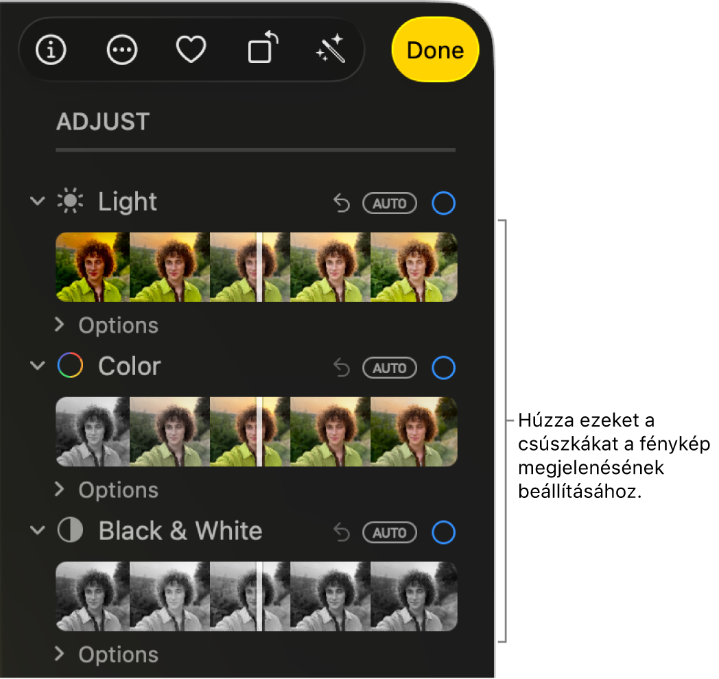 A Fény, Szín és Fekete-fehér csúszkák a Beállítás panelen. Minden egyes csúszka mellett megjelenik az Automatikus gomb.