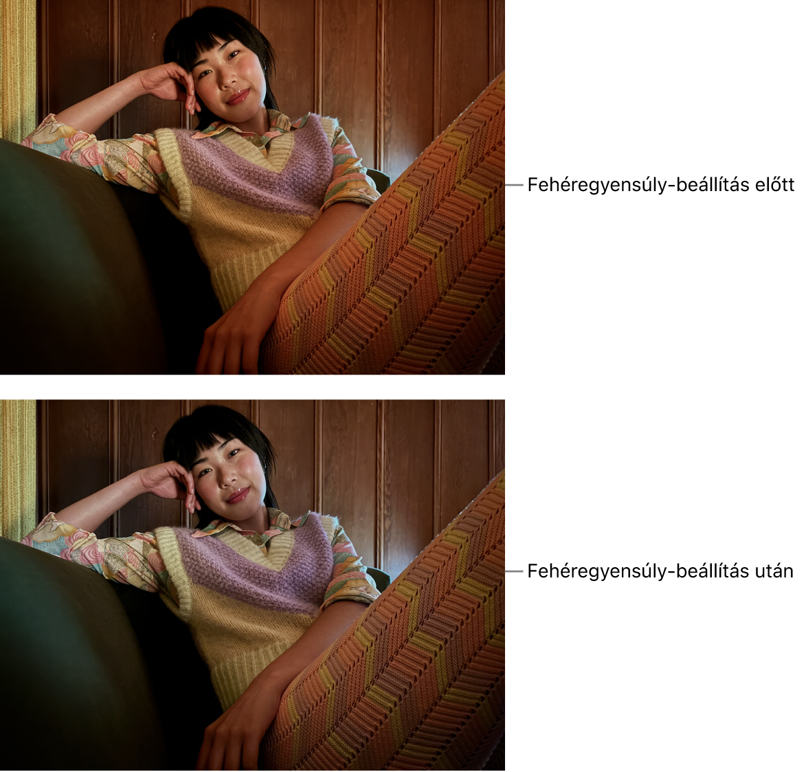 Egy fotó a fehéregyensúly beállítása előtt és után.