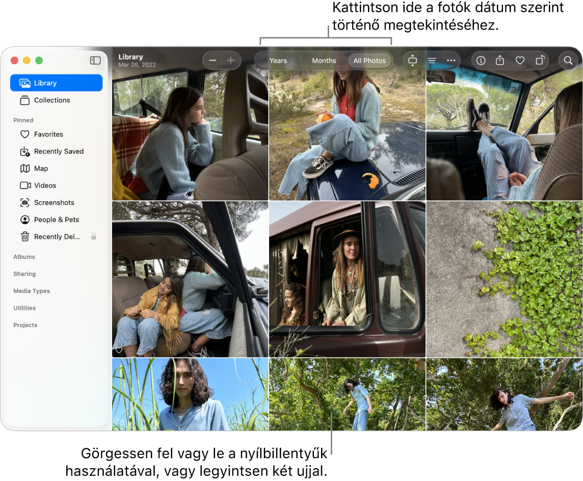 A Fotók ablaka; az eszközsoron az Összes fotó van kijelölve, és az ablak fő területén megjelenő fotók dátum szerint vannak rendezve.