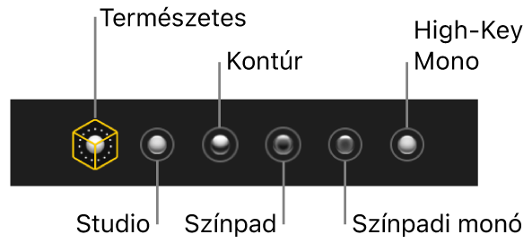 Portré-mód megvilágítási effektek, többek közt (balról jobbra) Természetes, Stúdió, Kontúr, Színpadi, Színpadi monó és High-Key monó.