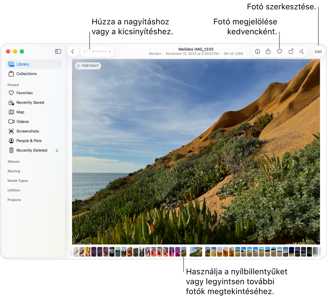 A Fotók ablaka, a jobb oldalon egy kinagyított fotó látható, alatta pedig a bélyegképek. A fenti eszközsoron található a Nagyítás csúszka, a Kedvenc gomb és a Szerkesztés gomb.