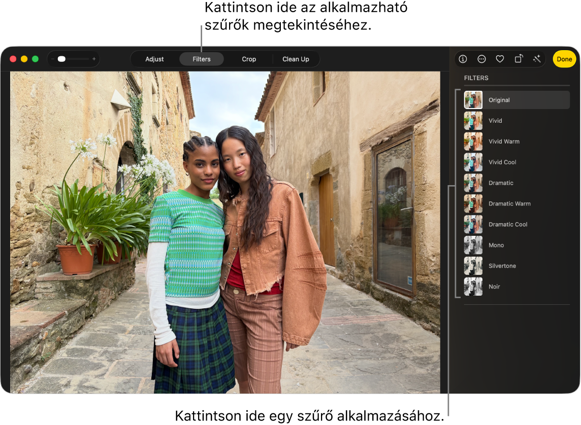 Egy fotó szerkesztési nézetben, az eszközsoron kijelölt Szűrők elemmel, valamint a jobb oldalon látható szűrőbeállításokkal.