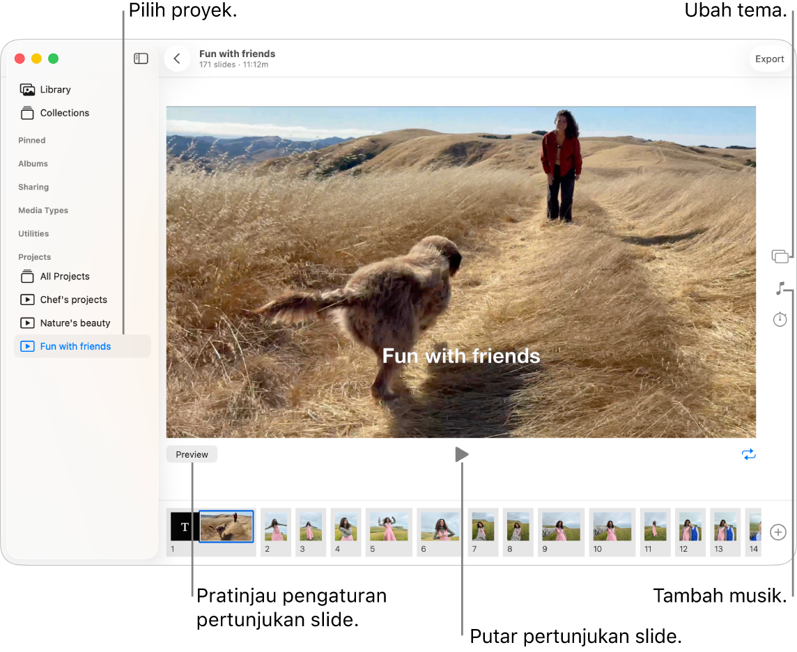 Jendela Foto yang menampilkan pertunjukan slide di bagian utama jendela, dengan tombol Pratinjau, tombol Putar, dan tombol Loop di bawah gambar pertunjukan slide utama dan gambar mini dari semua gambar di pertunjukan slide di bagian bawah. Tombol Tema, tombol Musik, dan tombol Durasi berada di sebelah kanan.