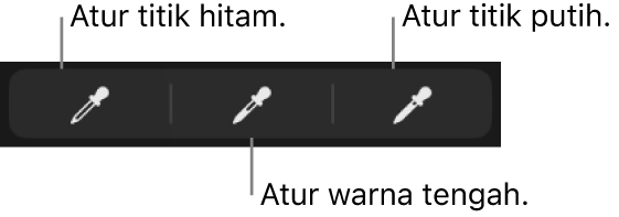 Tiga pipet digunakan untuk mengatur titik hitam, warna tengah, dan titik putih foto atau video.
