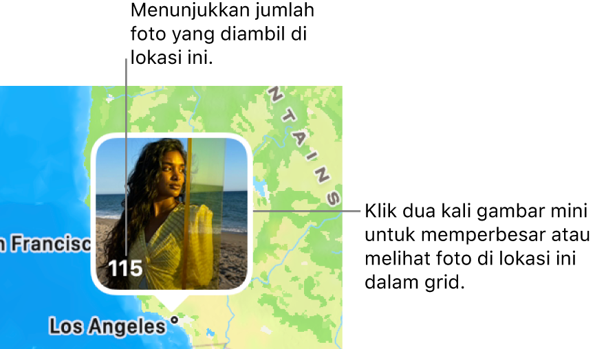 Gambar mini foto di peta, dengan jumlah di pojok kiri bawah yang menandakan jumlah foto yang diambil di lokasi tersebut.