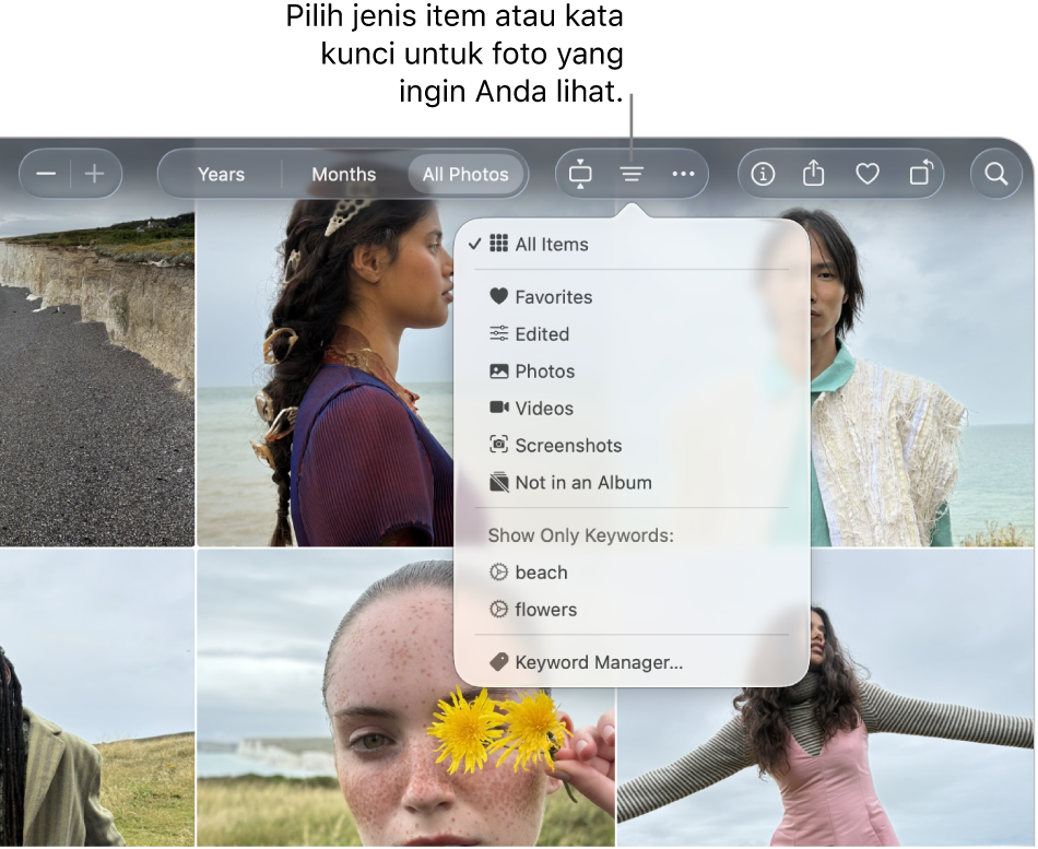 Menu pop-up Filter diatur untuk menampilkan semua item. Klik tombol Filter untuk memilih jenis item atau kata kunci untuk foto yang ingin Anda lihat.