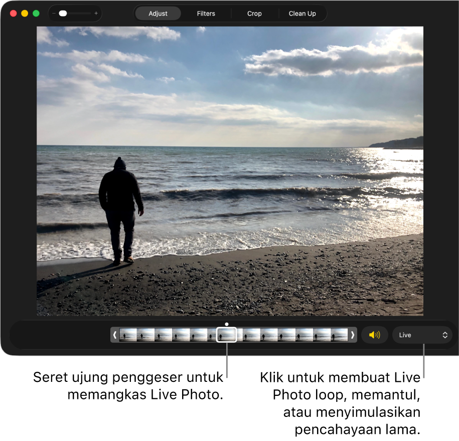 Live Photo dalam tampilan pengeditan dengan penggeser di bawahnya menampilkan bingkai foto. Di sebelah kanan penggeser terdapat tombol Speaker dan menu pop-up yang dapat Anda gunakan untuk menambahkan efek loop, memantul, atau pencahayaan lama.