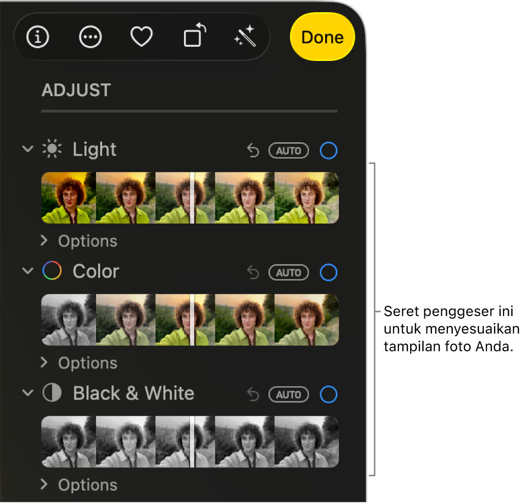Penggeser Cahaya, Warna, dan Hitam & Putih di panel Sesuaikan. Tombol Otomatis muncul di atas tiap penggeser.
