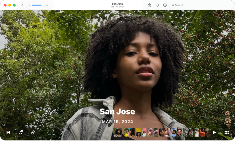 Jendela Foto menampilkan memori dengan tombol untuk mengontrol dan mengubah tampilan item dalam memori.