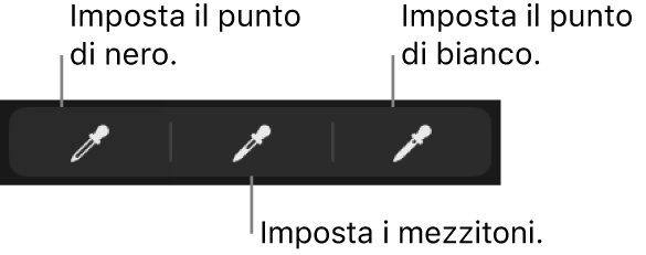 Tre contagocce utilizzati per impostare il punto di nero, i mezzitoni e il punto di bianco della foto o del video.