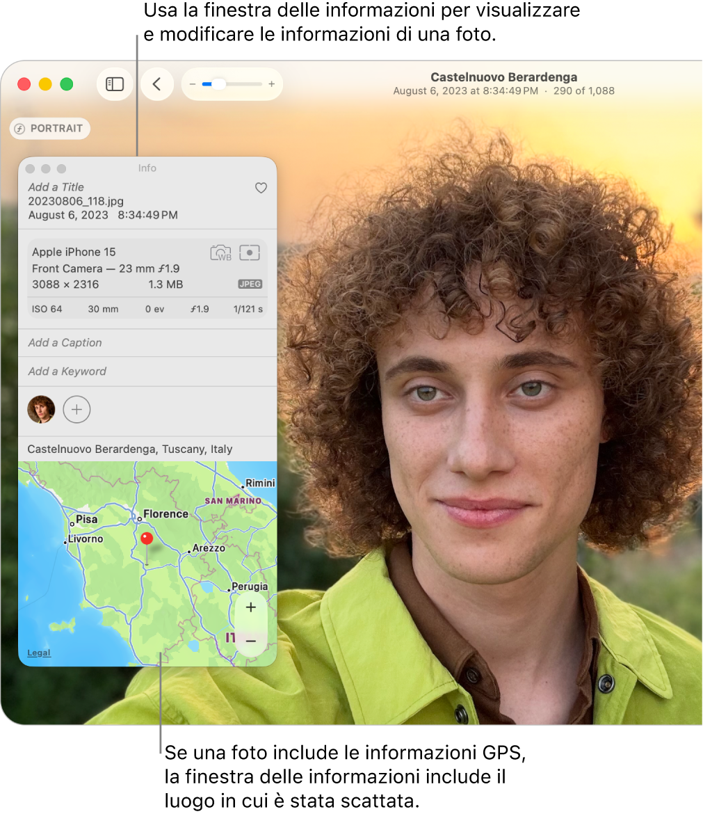 La finestra Informazioni di una foto che mostra la data e l’ora in cui è stata scattata, le informazioni sul dispositivo che l’ha scattata, la posizione in cui è stata scattata e altro ancora.