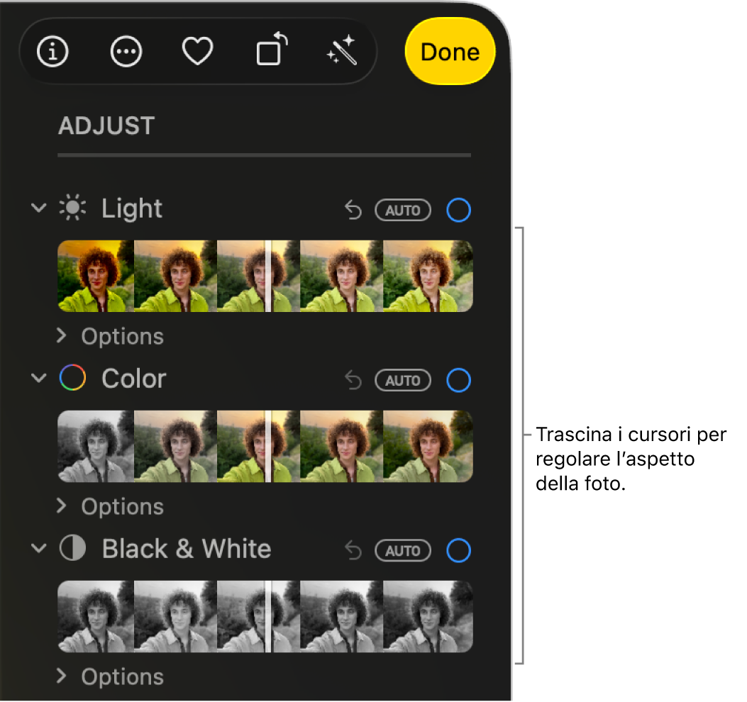 I cursori Luce, Colore e “Bianco e nero” nel pannello Regola. Un pulsante Automatico viene visualizzato su ciascun cursore.