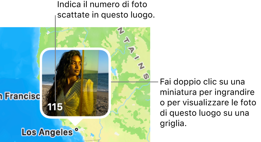 Una miniatura della foto su una mappa, con un numero nell’angolo inferiore sinistro che indica il numero di foto scattate in quella località.