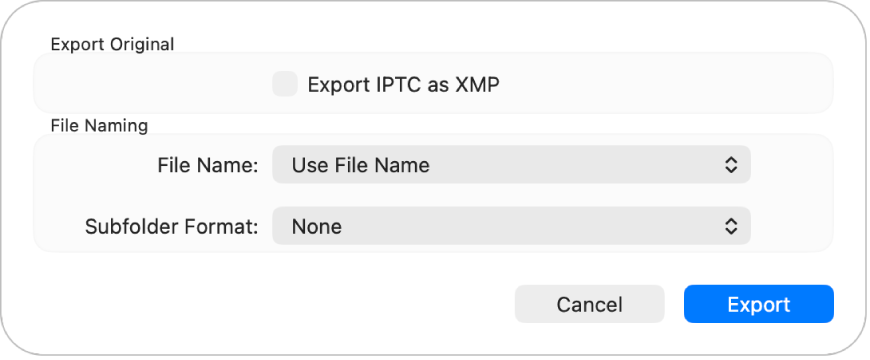 Una finestra di dialogo con opzioni per esportare file di foto nel formato originale.