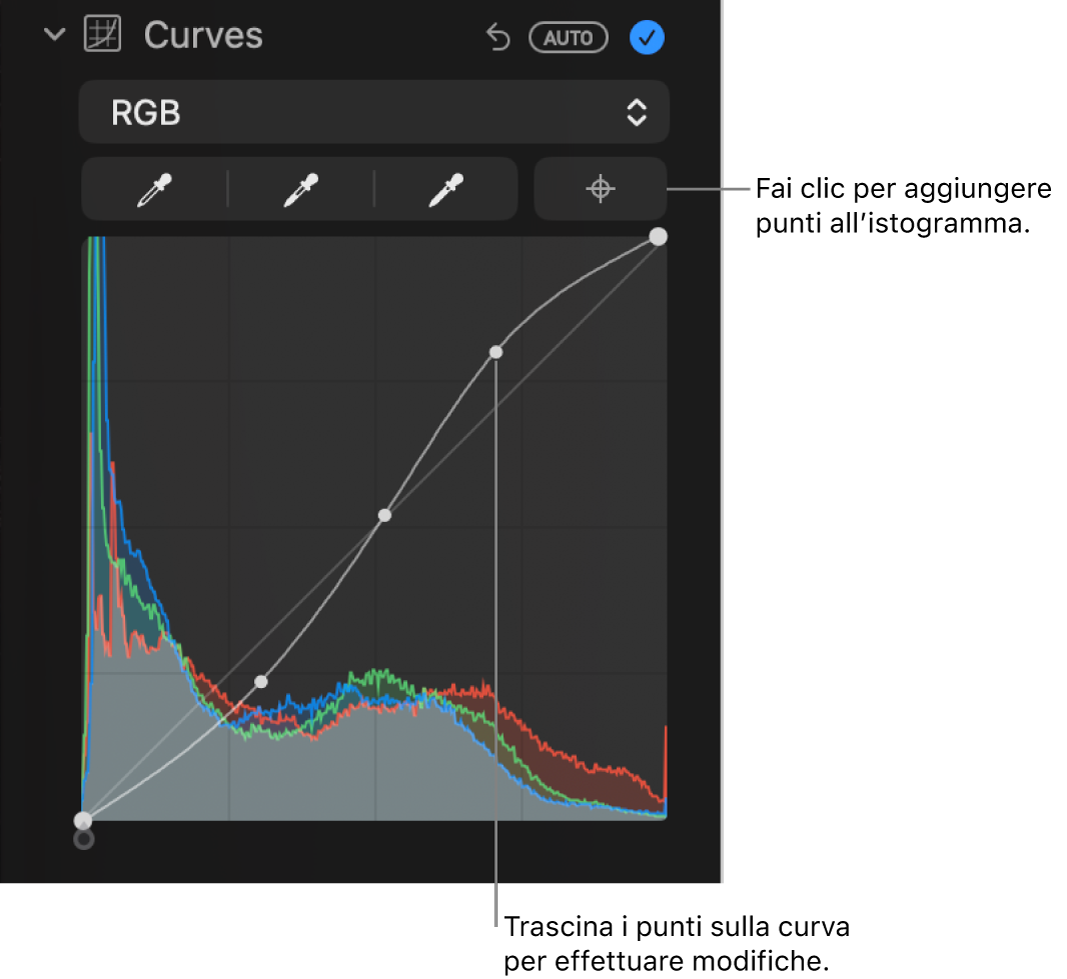 I controlli Curve nel pannello Regola, che mostrano il pulsante “Aggiungi punti” nella parte superiore destra e l’istogramma RGB al di sotto.