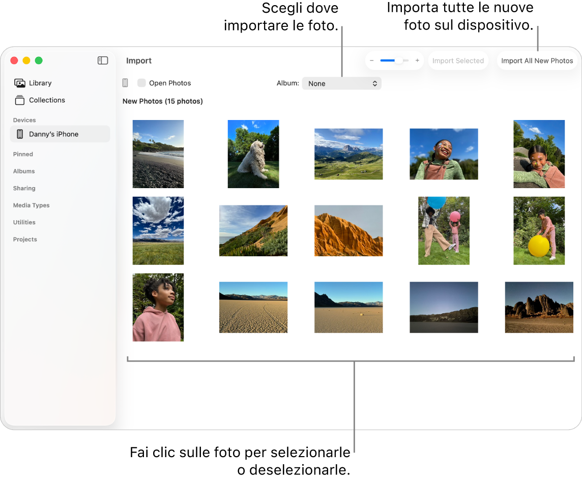 La finestra Importa in Foto su Mac che mostra le nuove foto su un dispositivo. Nella parte superiore, al centro, è disponibile il menu a comparsa Album. I pulsanti di importazione si trovano in alto a destra.