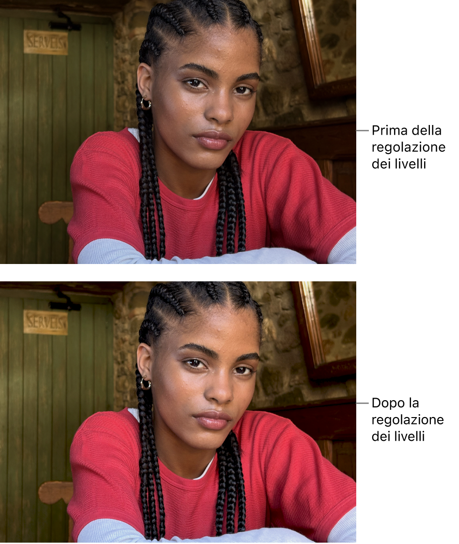 Una foto prima e dopo la regolazione dei livelli.