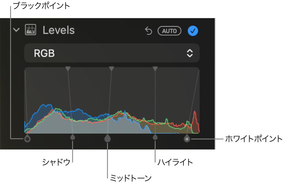 「調整」パネルの「レベル」コントロール。（左から右へ）ブラックポイント、シャドウ、ミッドトーン、ハイライト、ホワイトポイントのハンドルがある「RGB」ヒストグラムが下に表示されています。
