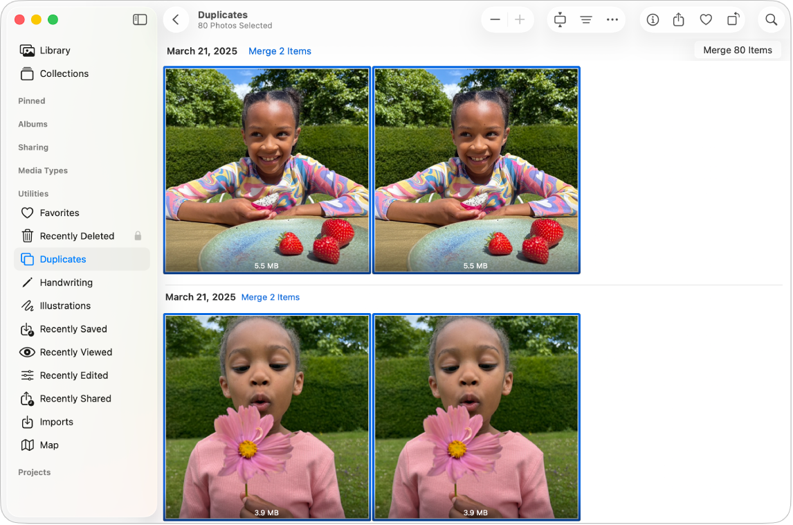「写真」ウインドウ。サイドバーで「重複項目」が選択されていて、重複する写真が右側で横に並んでいます。
