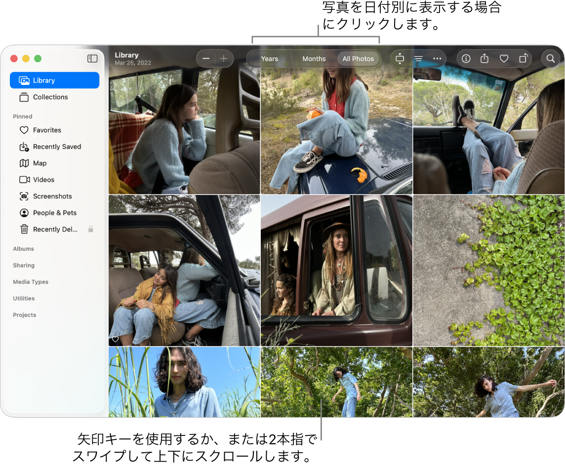 「写真」ウインドウ。ツールバーで「すべての写真」が選択され、日別に整理された写真がウインドウのメイン領域に表示されています。