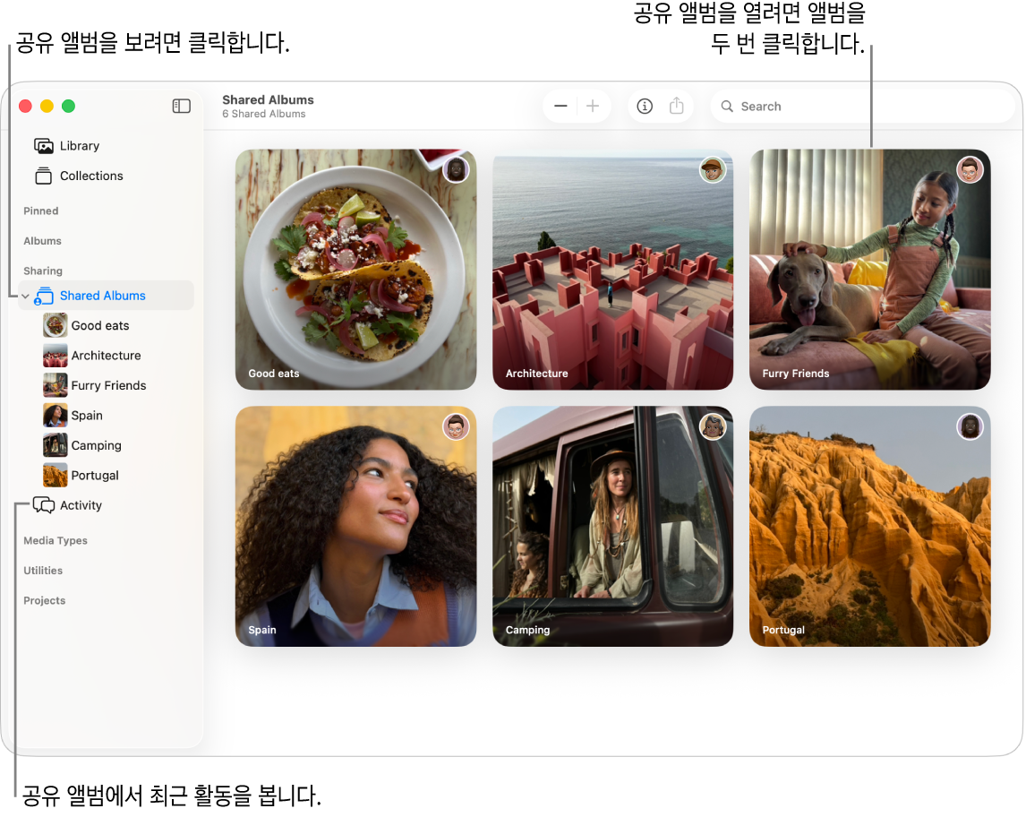 사이드바에 공유 앨범이 선택되어 있고 오른쪽에 공유 앨범이 표시된 사진 앱 윈도우.
