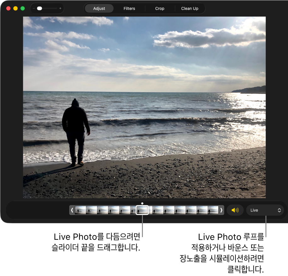 아래에 사진 프레임이 표시된 슬라이더가 있는 편집 보기 상태의 Live Photo. 슬라이더의 오른쪽에 루프, 바운스 또는 장노출 효과를 추가하는 데 사용할 수 있는 팝업 메뉴와 스피커 버튼이 있음.