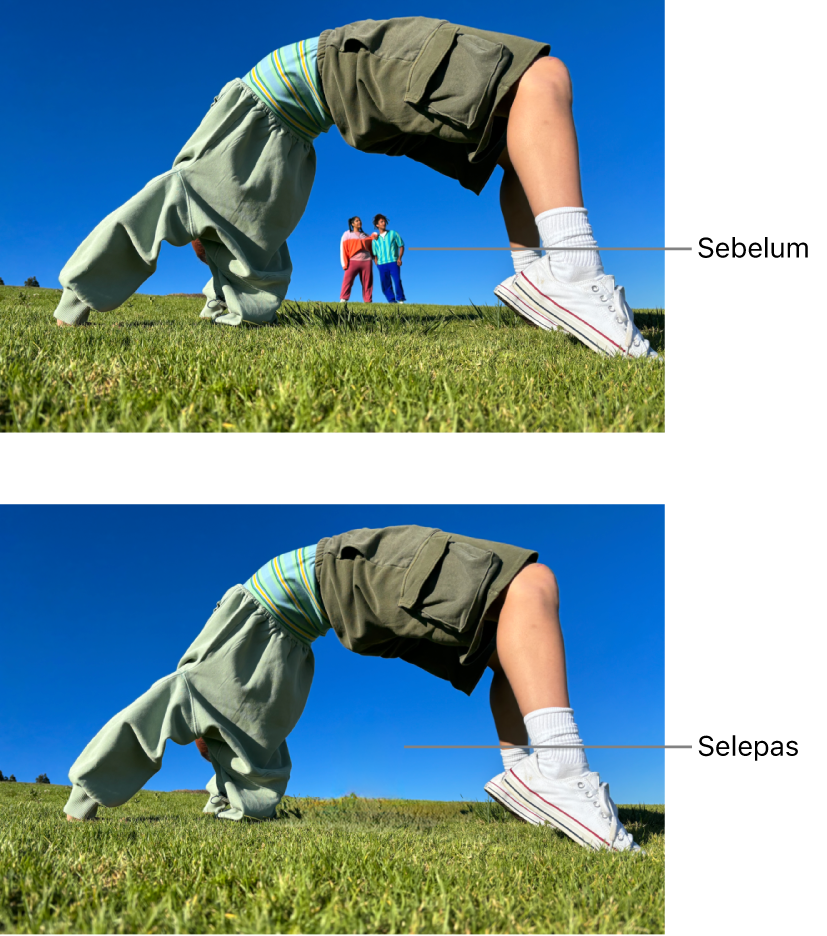 Foto menunjukkan orang di latar belakang dan foto yang sama selepas menggunakan Bersihkan, dengan orang di latar belakang dikeluarkan.