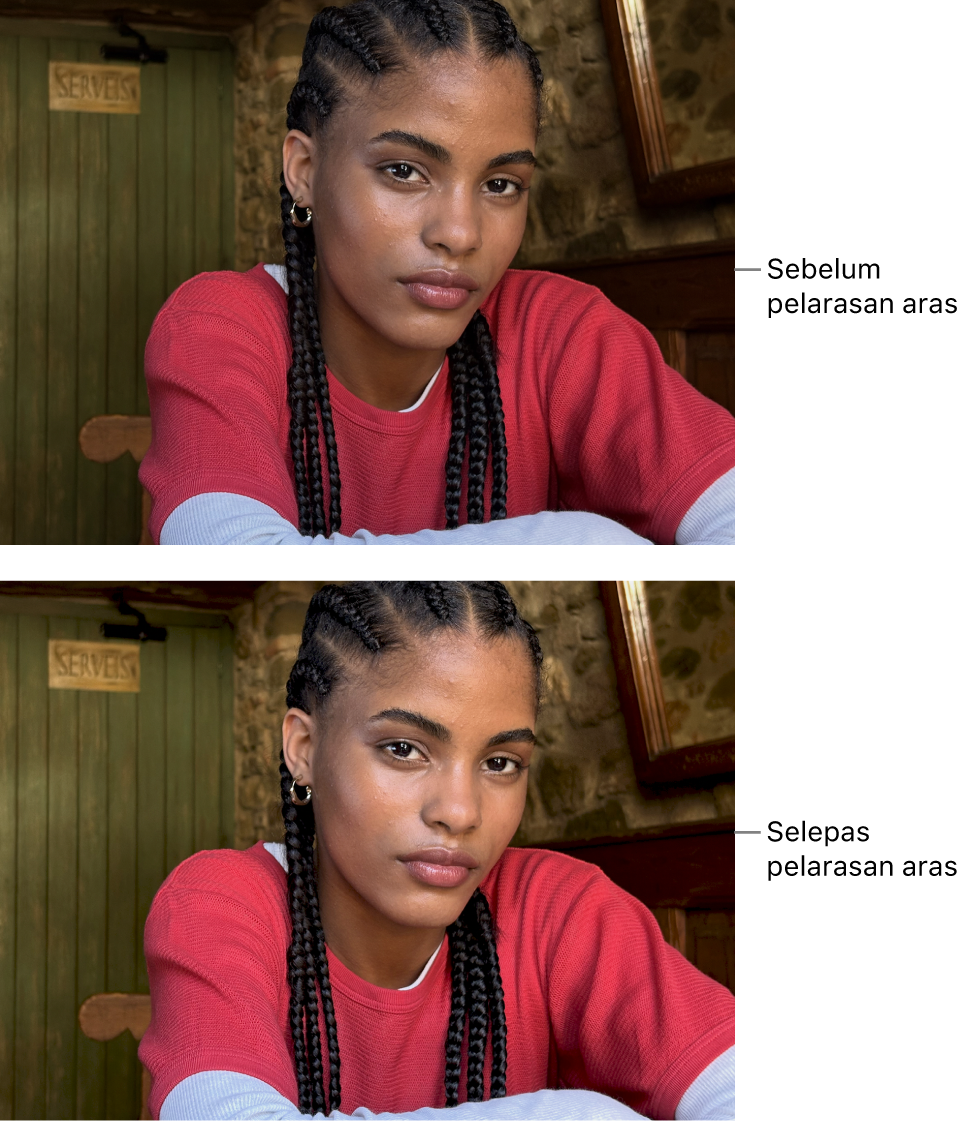 Foto sebelum dan selepas pelarasan aras.