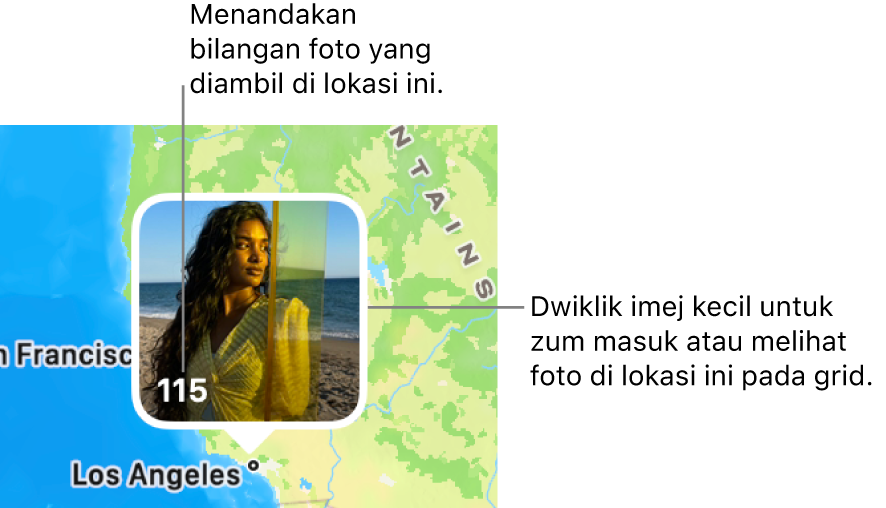 Imej kecil foto pada peta, dengan nombor di penjuru kiri bawah yang menandakan bilangan foto yang diambil di lokasi tersebut.