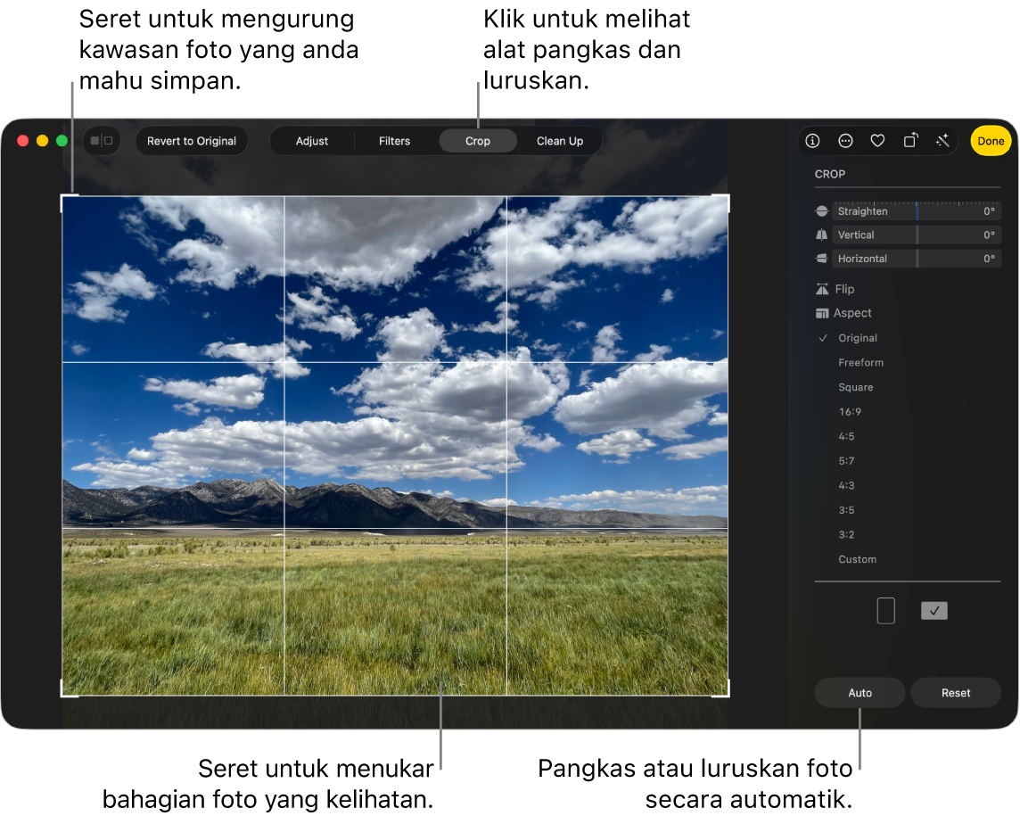 Foto dalam paparan pengeditan, dengan Pangkas dipilih dalam bar alat, segi empat tepat pilihan di sekeliling foto dan gelangsar pelurusan, pilihan nisbah aspek serta butang Auto dan Reset di sebelah kanan.
