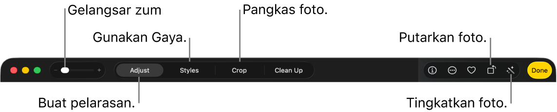 Bar alat pengeditan yang menunjukkan kawalan untuk zum masuk atau keluar pada foto, membuat pelarasan, menggunakan Gaya Fotografi dan memangkas, memutar serta meningkatkan foto.