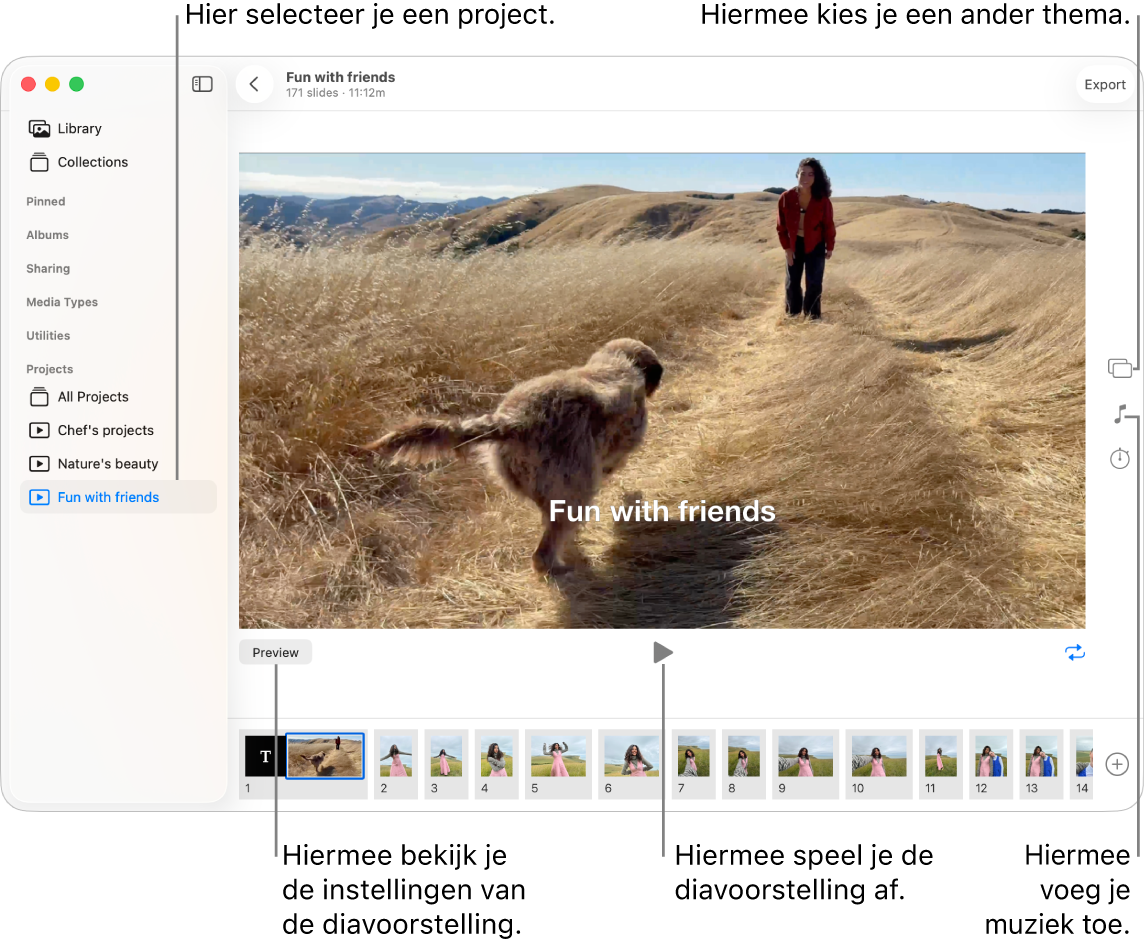 Het Foto's-venster met een diavoorstelling in het hoofdgedeelte van het venster, met de knop 'Voorvertoning', de afspeelknop en de herhaalknop onder de hoofdafbeelding van de diavoorstelling, en miniaturen van alle afbeeldingen in de diavoorstelling onder in het venster. De knoppen 'Thema', 'Muziek' en 'Duur' bevinden zich aan de rechterkant.