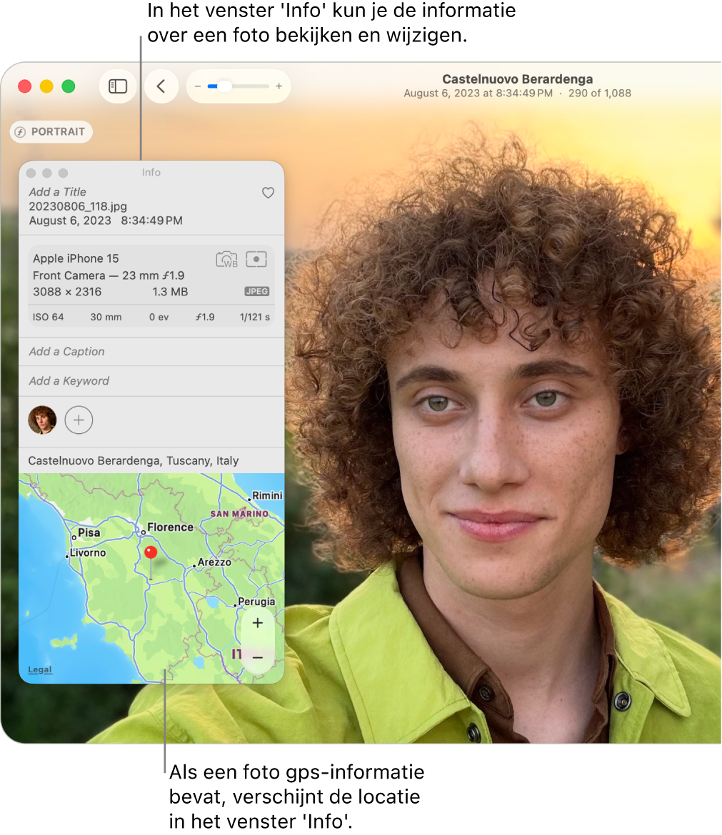 Het infovenster van een foto, met onder andere de datum en tijd waarop de foto is gemaakt, informatie over het apparaat waarmee de foto is gemaakt en de locatie van de foto.