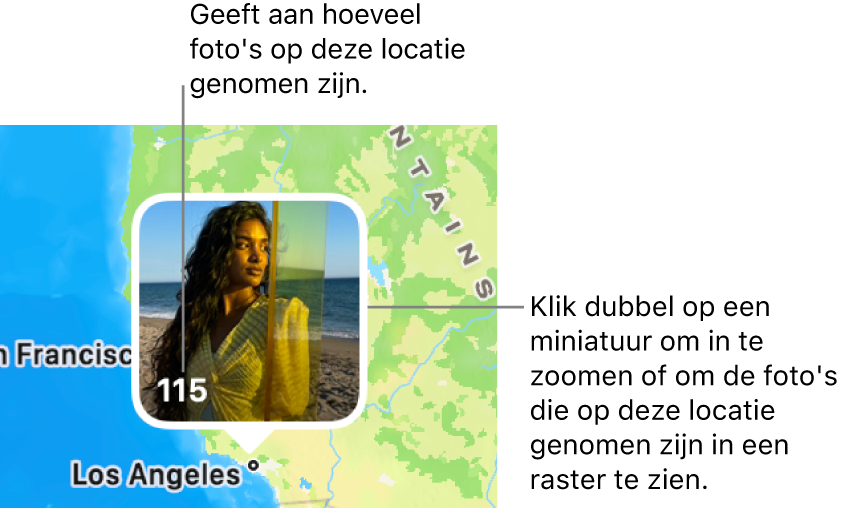 Een fotominiatuur op een kaart, met linksonderin een getal dat aangeeft hoeveel foto's er op die locatie zijn gemaakt.