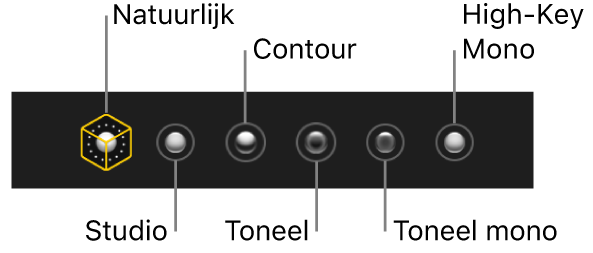 De beschikbare belichtingseffecten voor portretfoto's, met (van links naar rechts) 'Natuurlijk', 'Studio', 'Contour', 'Toneel', 'Toneel mono' en 'High-key mono'.