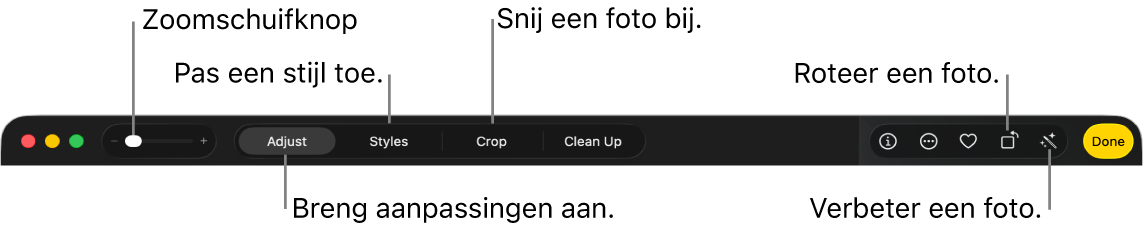 De bewerkingsknoppenbalk met regelaars waarmee je in- of uitzoomt op een foto, aanpassingen aanbrengt, een fotografische stijl toepast en foto's bijsnijdt, roteert en verbetert.
