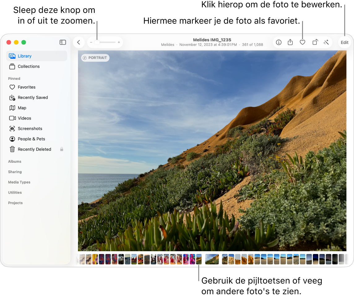 Het Foto's-venster met een vergrote foto aan de rechterkant en daaronder een rij met miniaturen. De knoppenbalk bovenin bevat de zoomschuifknop, de favorietenknop en de knop 'Bewerk'.