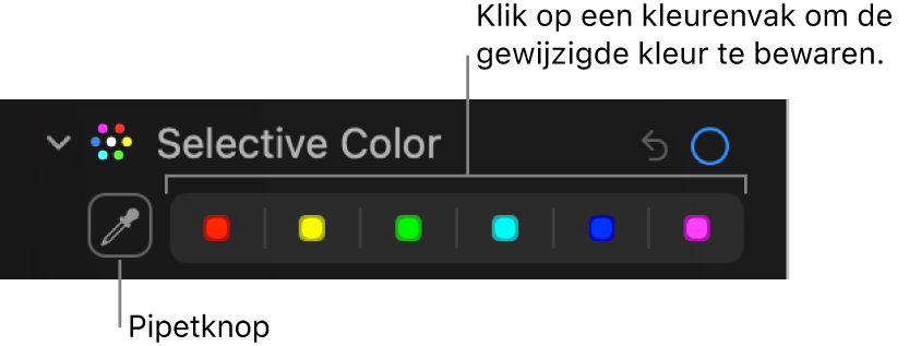 De regelaars voor 'Selectieve kleur' in het paneel 'Pas aan' met de pipetknop en de kleurenvakken.