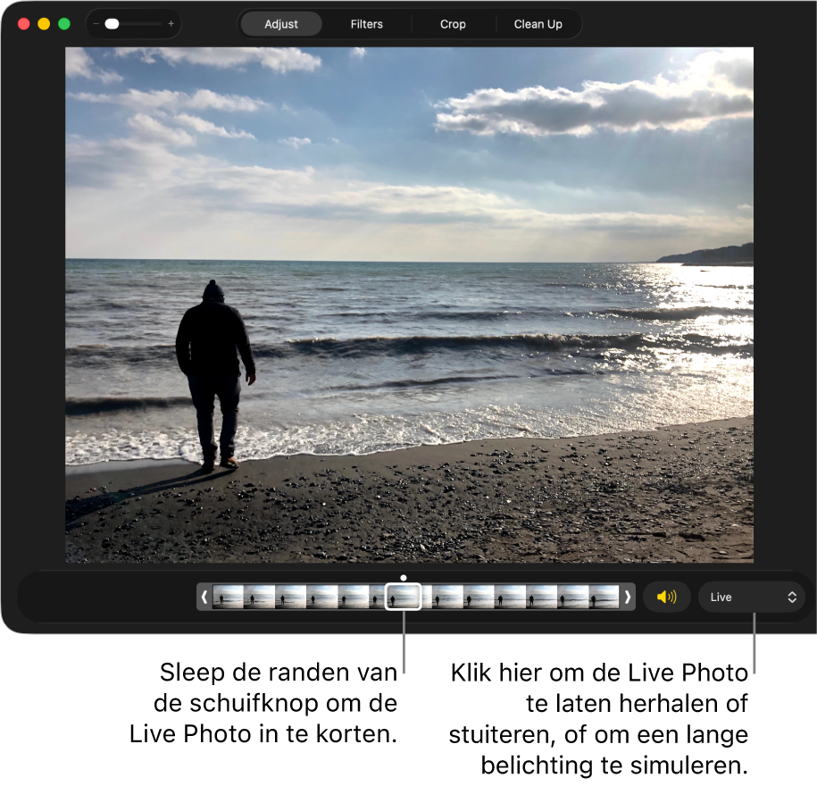 Een Live Photo in de bewerkingsweergave met een schuifknop eronder met de beelden van de foto. Rechts van de schuifknop bevinden zich de luidsprekerknop en een pop‑upmenu om effecten voor herhalen, stuiteren en lange belichting toe te voegen.