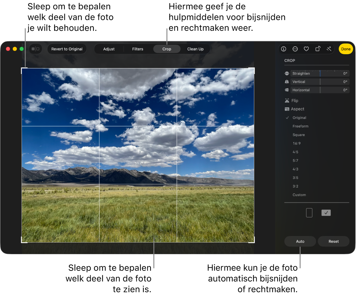 Een foto in de bewerkingsweergave, met 'Snij bij' geselecteerd in de knoppenbalk, een selectierechthoek rond de foto, schuifknoppen voor rechtmaken, opties voor verhouding en de knoppen 'Automatisch' en 'Herstel' aan de rechterkant.
