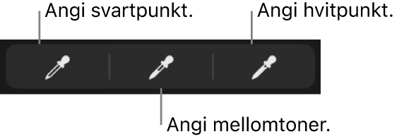 Tre pipetter som brukes til å angi svartpunktet, mellomtoner og hvitpunktet for bildet eller videoen.