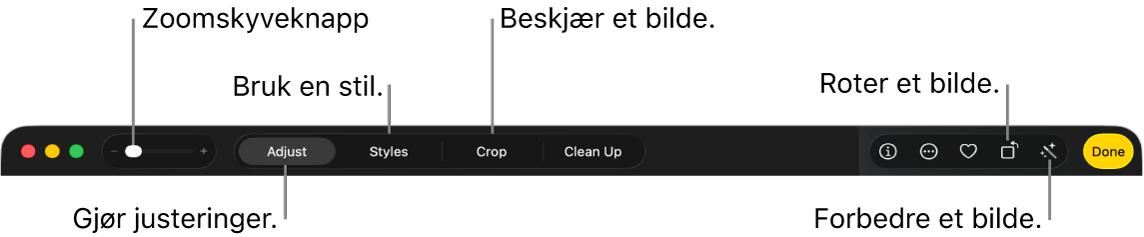 Redigeringsverktøylinjen viser kontroller for å zoome inn eller ut på et bilde, gjøre justeringer, bruke en fotografisk stil og beskjære, rotere og forbedre bilder.