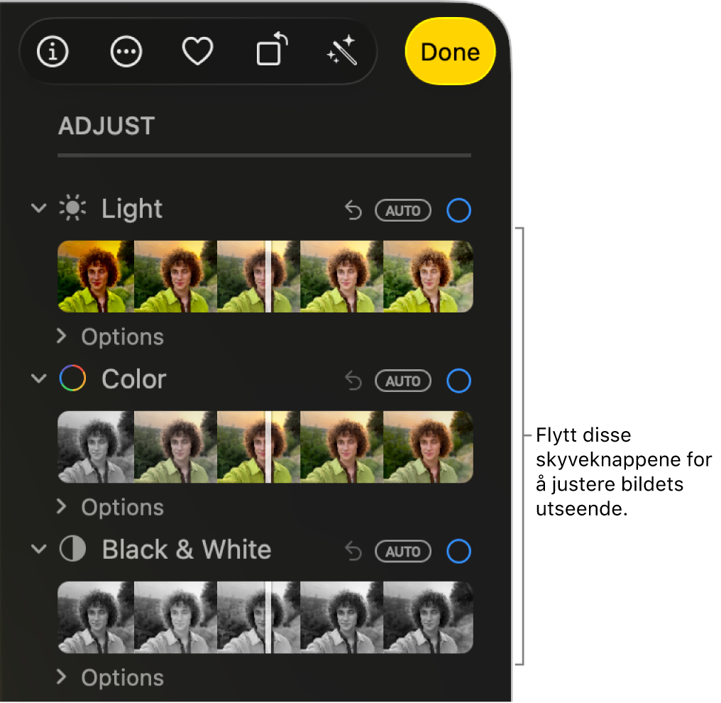 Lys-, Farge- og Svart-hvitt-skyveknappene i Juster-panelet. En Auto-knapp vises over hver skyveknapp.