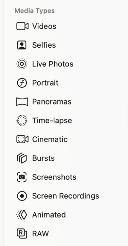 Sidepanelet i Bilder viser de ulike samlingene i Medietyper.
