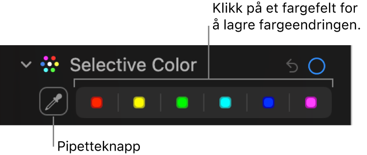 Selektiv farge-kontroller i Juster-panelet, som viser Pipette-knappen og fargefelt.